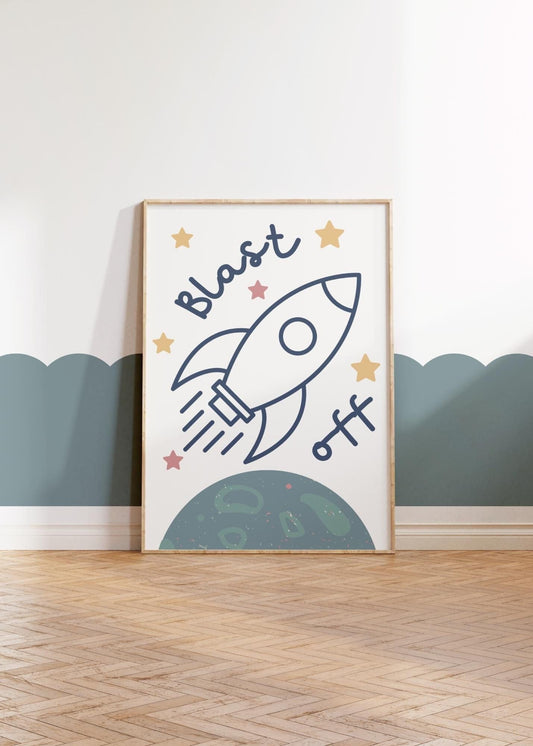 childrens rocket and space "blast off" print for bedroom or nursery
