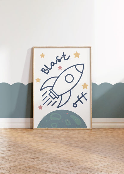 childrens rocket and space "blast off" print for bedroom or nursery