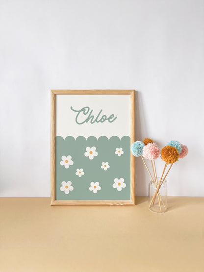 green daisy floral personalised name print for girls bedroom or playroom, floral wall decor