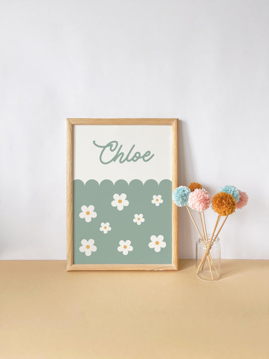 green daisy floral personalised name print for girls bedroom or playroom, floral wall decor