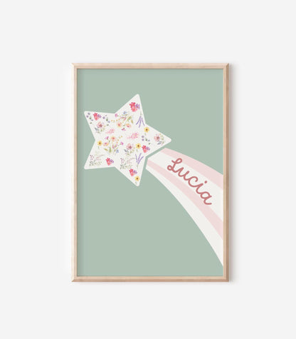 floral star personalised name print for girls bedroom or playroom, floral wall decor