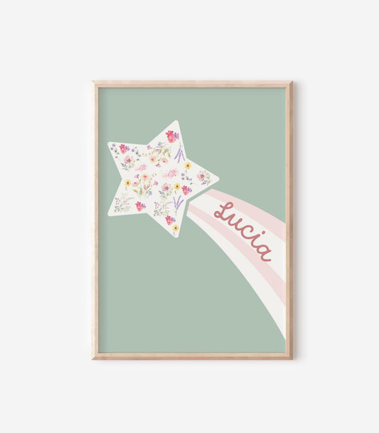 floral star personalised name print for girls bedroom or playroom, floral wall decor