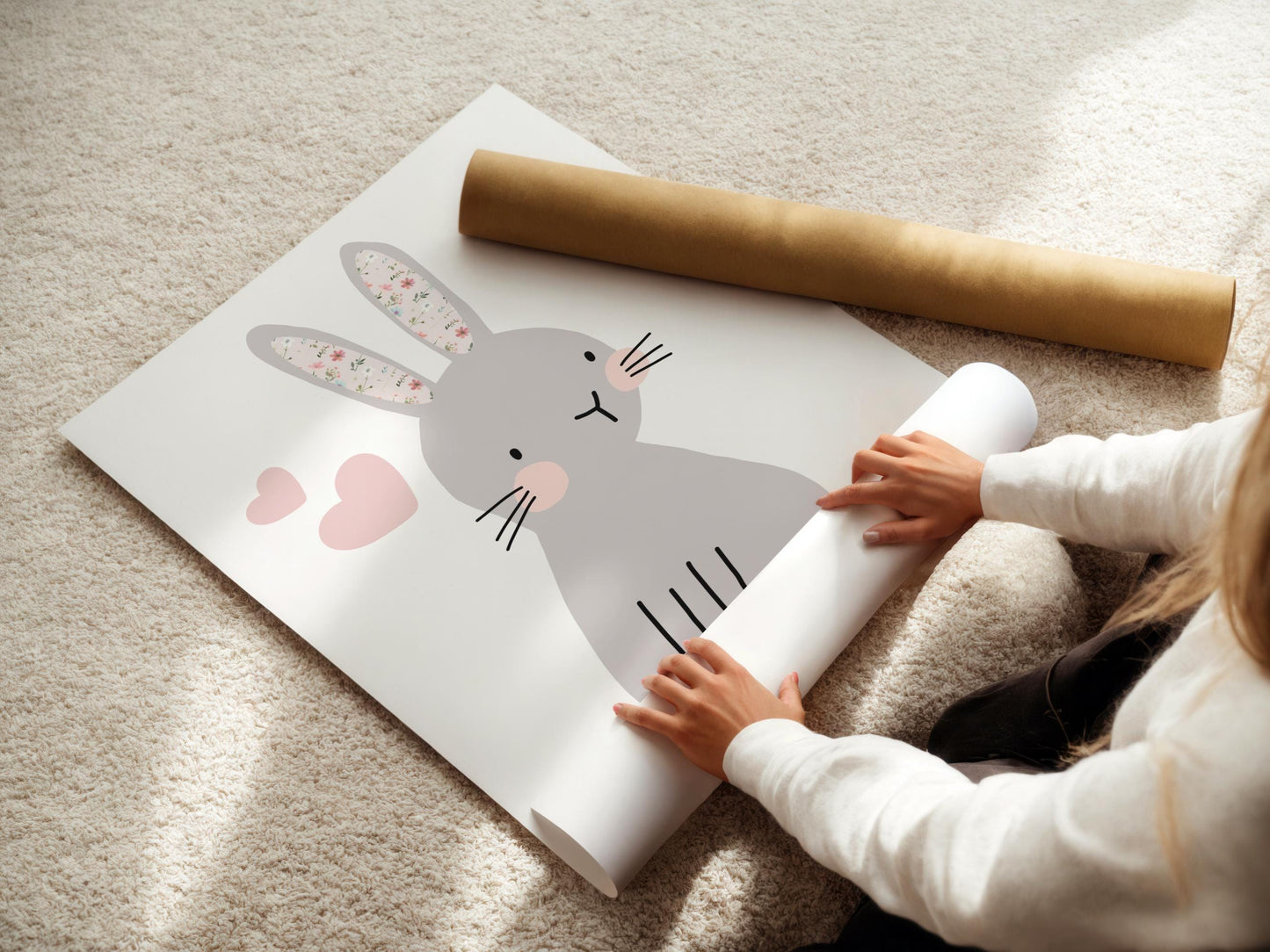 Floral Bunny Print: Nursery Wall Decor, Girls Bedroom Art