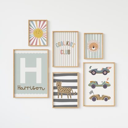 set of gallery wall prints for a playroom nursery or bedroom, personalised initial and race car art (prints only)