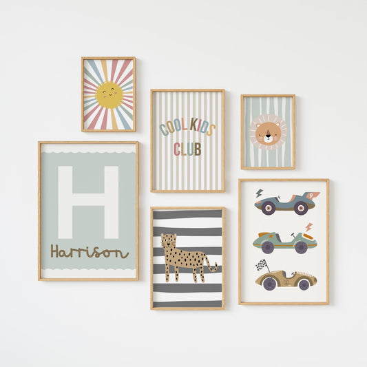 set of gallery wall prints for a playroom nursery or bedroom, personalised initial and race car art (prints only)