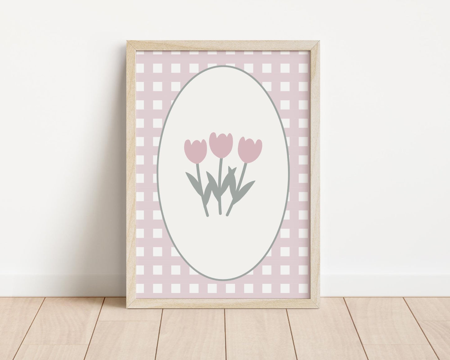 Pink Gingham Floral Print, Girls Nursery Art