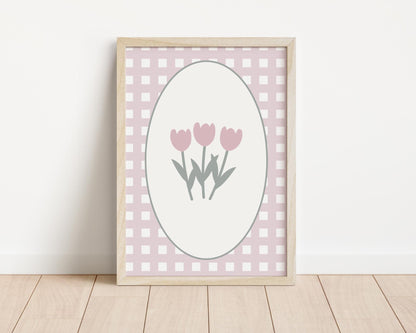 Pink Gingham Floral Print, Girls Nursery Art