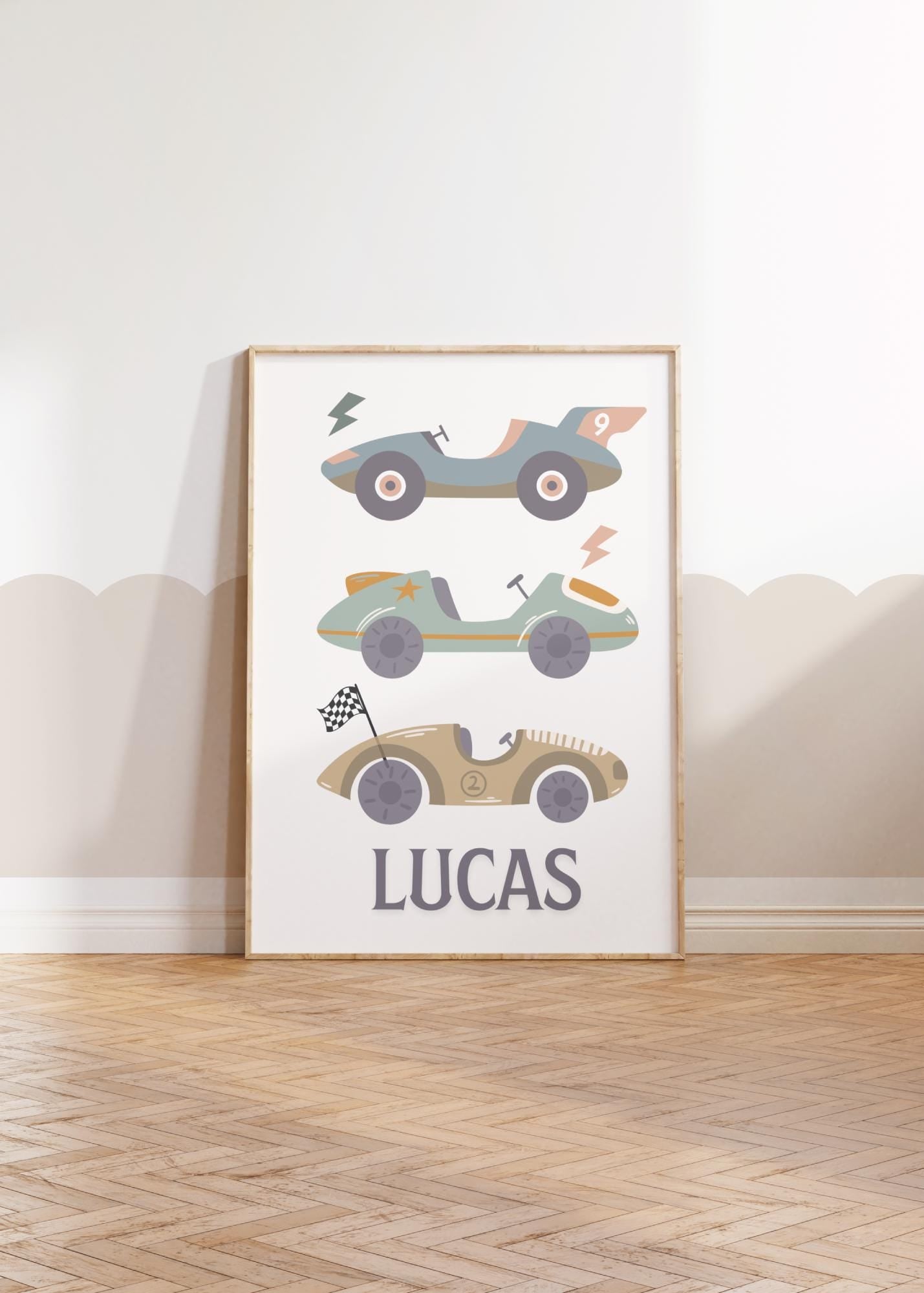 Personalised racing car print set for childrens bedroom, nursery or playroom ( print only )
