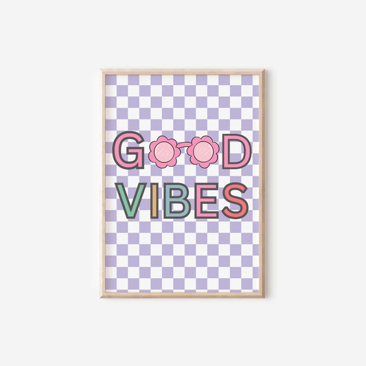 Retro Good Vibes Print: Purple Checkered Nursery Wall Art