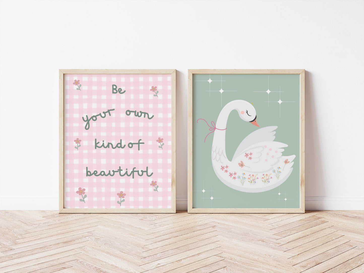 Floral Swan Print Set, Girl's Nursery Wall Decor
