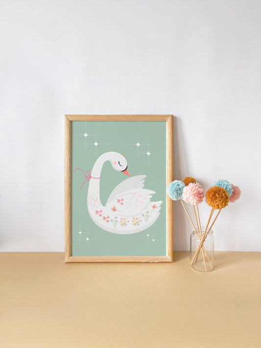 Floral Swan Print Set, Girl's Nursery Wall Decor