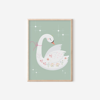 Floral Swan Print Set, Girl's Nursery Wall Decor