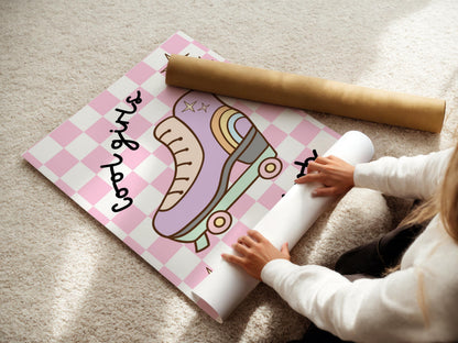 retro cool girls club wall print, pastel roller skate checkered print for childrens bedroom or nursery