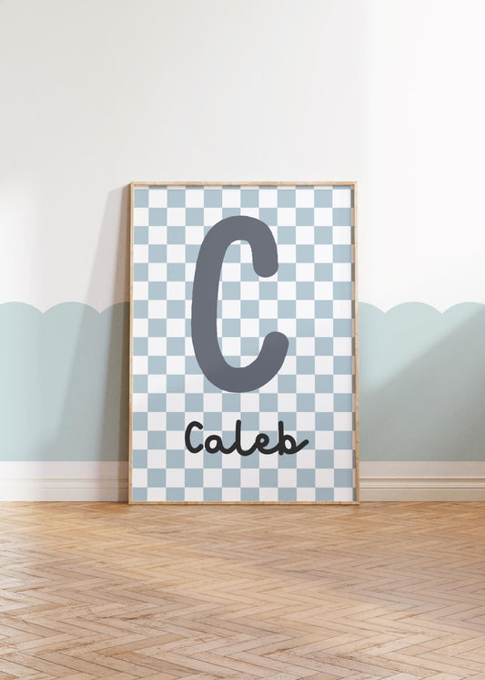 retro blue checkerboard initial name print for boy or girls bedroom, nursery or playroom, wall decor for childrens room