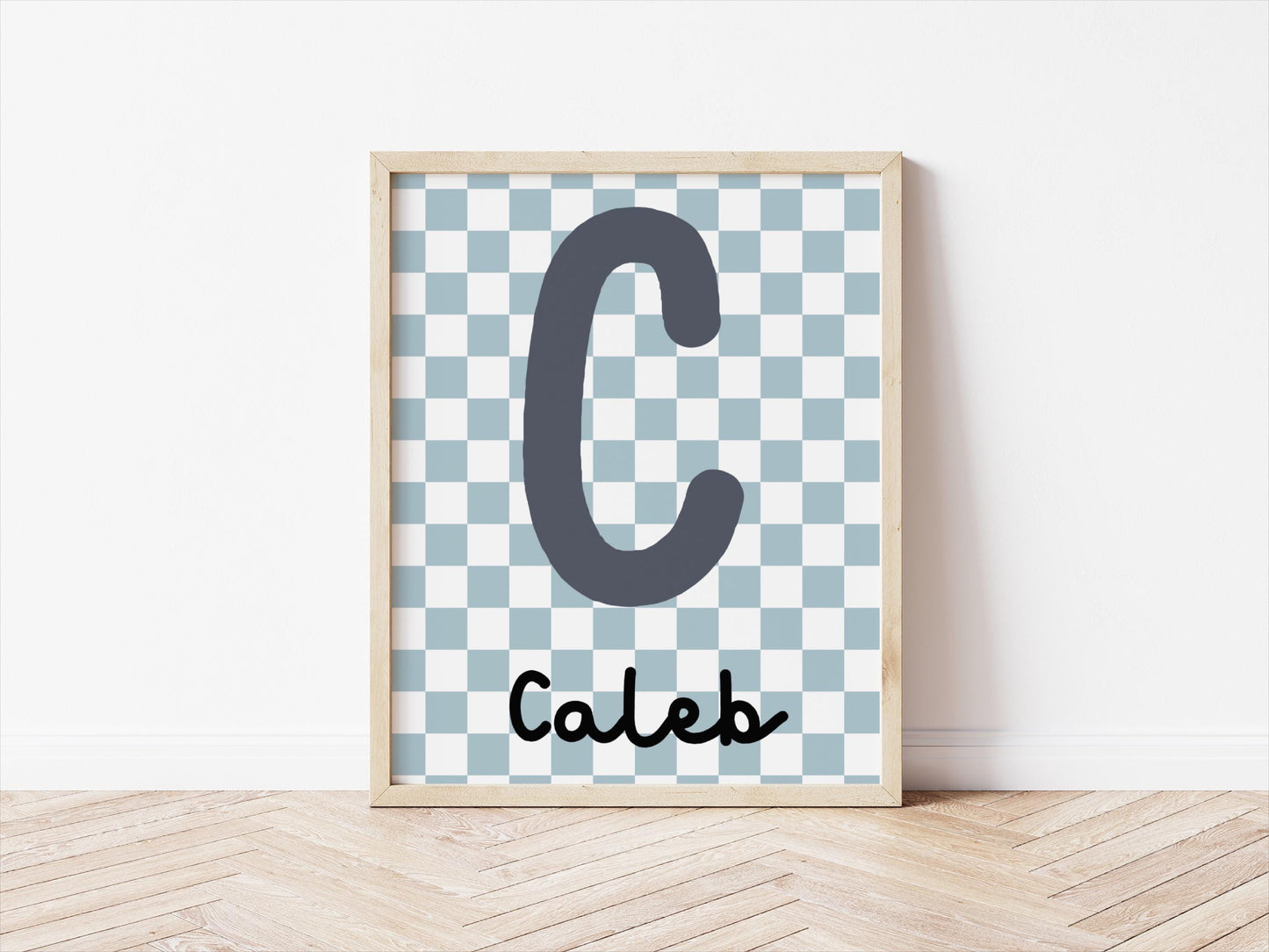 retro blue checkerboard initial name print for boy or girls bedroom, nursery or playroom, wall decor for childrens room