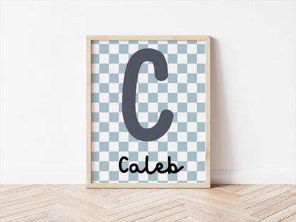 retro blue checkerboard initial name print for boy or girls bedroom, nursery or playroom, wall decor for childrens room