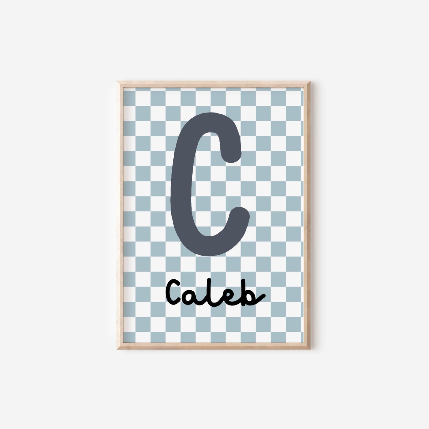 retro blue checkerboard initial name print for boy or girls bedroom, nursery or playroom, wall decor for childrens room