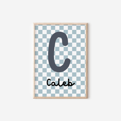 retro blue checkerboard initial name print for boy or girls bedroom, nursery or playroom, wall decor for childrens room