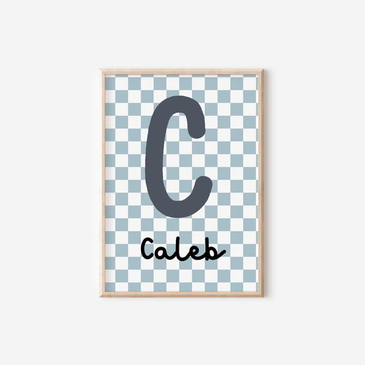retro blue checkerboard initial name print for boy or girls bedroom, nursery or playroom, wall decor for childrens room