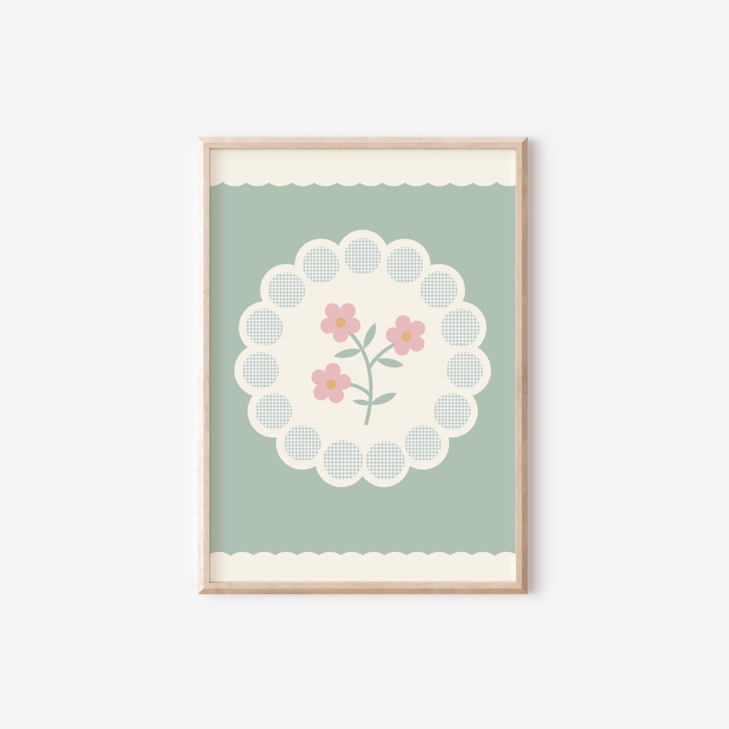 Sage Green Floral Gingham Print: Nursery Flower Wall Art