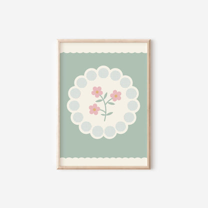 Sage Green Floral Gingham Print: Nursery Flower Wall Art