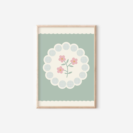Sage Green Floral Gingham Print: Nursery Flower Wall Art