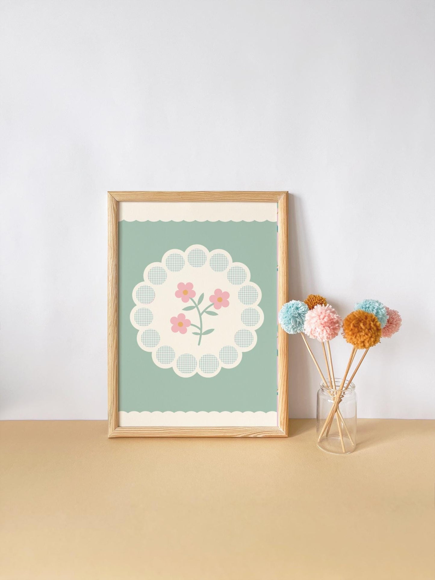 Sage Green Floral Gingham Print: Nursery Flower Wall Art