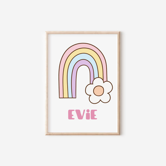 good vibes retro personalised floral rainbow personalised print set perfect for girls nursery, bedroom or playroom, girls room decor