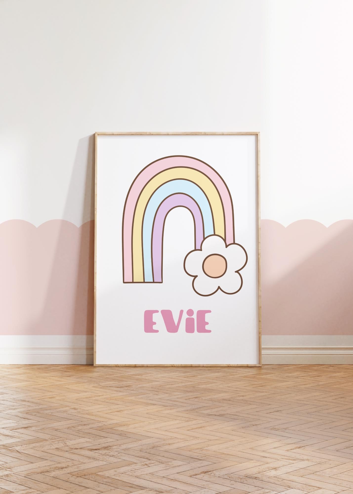 Personalized Retro Print Set: Rainbow & Flowers Nursery Decor