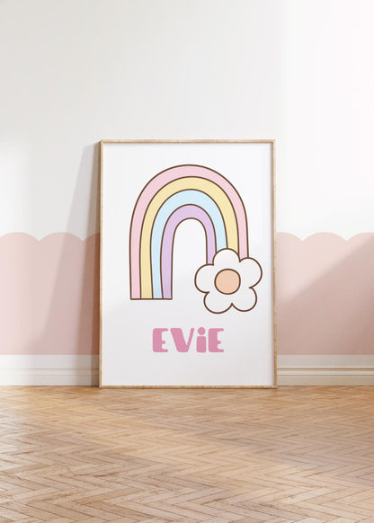 Personalized Retro Print Set: Rainbow & Flowers Nursery Decor