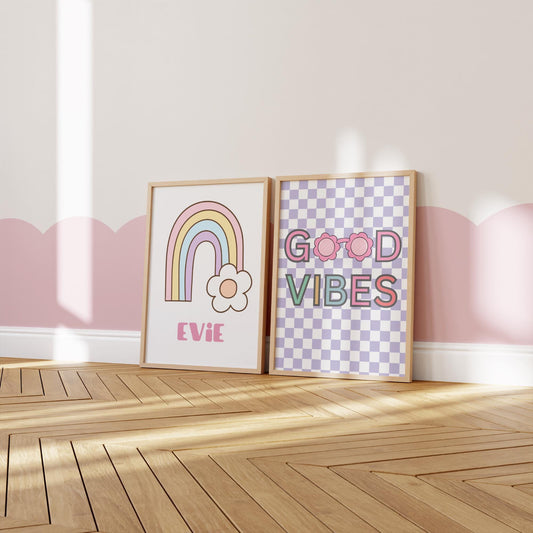 good vibes retro personalised floral rainbow personalised print set perfect for girls nursery, bedroom or playroom, girls room decor