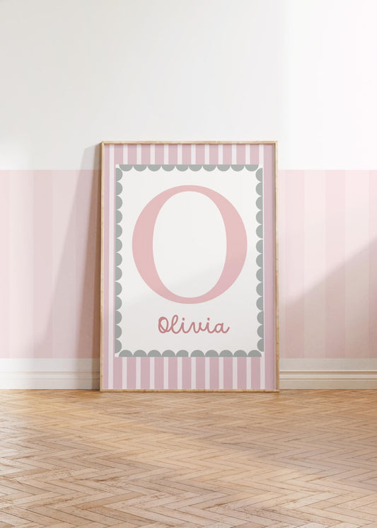 girls personalised name and initial wall art print poster , pink and green nursery print, scallop border poster