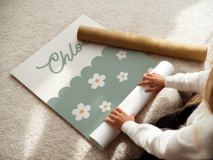green daisy floral personalised name print for girls bedroom or playroom, floral wall decor