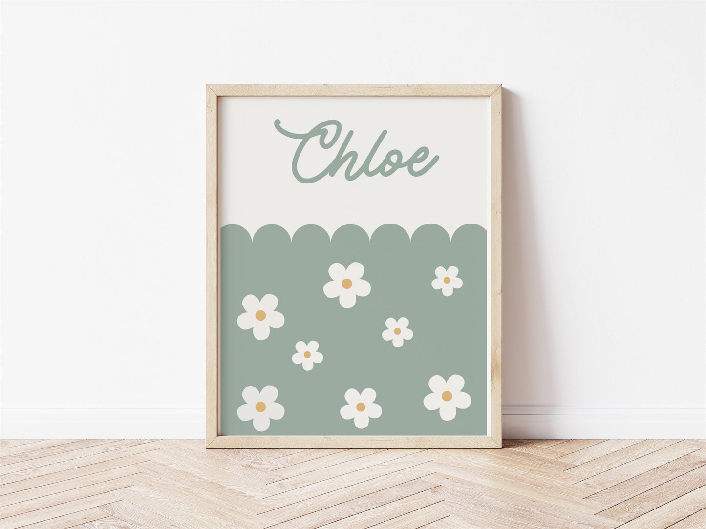 green daisy floral personalised name print for girls bedroom or playroom, floral wall decor