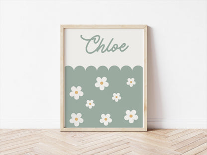green daisy floral personalised name print for girls bedroom or playroom, floral wall decor