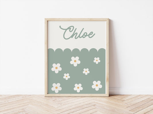 green daisy floral personalised name print for girls bedroom or playroom, floral wall decor
