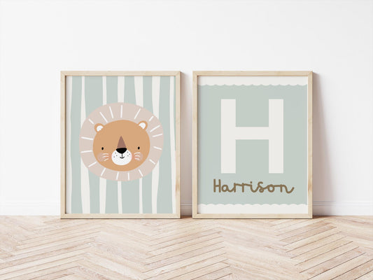 personalised muted neutral colour wall print set for childrens bedroom or nursery, boys scandi wall decor