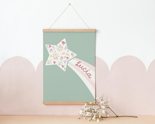 floral star personalised name print for girls bedroom or playroom, floral wall decor