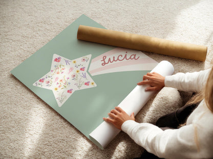 floral star personalised name print for girls bedroom or playroom, floral wall decor