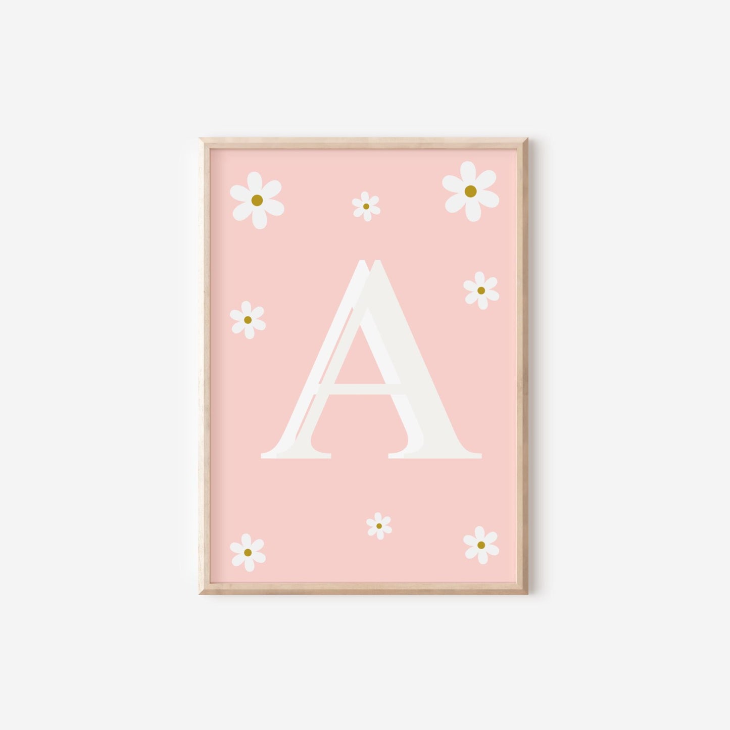 girls personalised initial and name pink  floral daisy wall print for bedroom or nursery