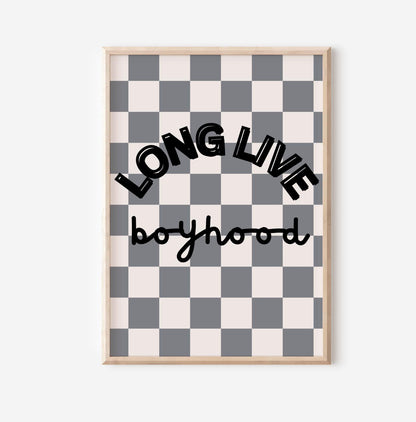 long live boyhood checkered retro print for boys bedroom or nursery, boys wall decor