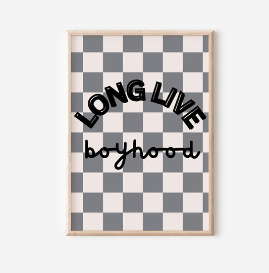 long live boyhood checkered retro print for boys bedroom or nursery, boys wall decor