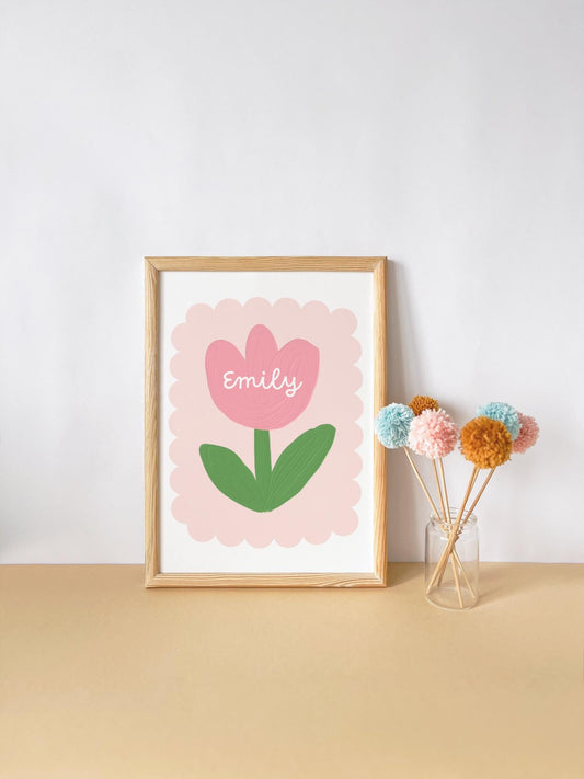 girls pink personalised flower wall print for nursery, bedroom or playroom, childrens room decor