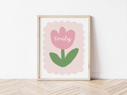 girls pink personalised flower wall print for nursery, bedroom or playroom, childrens room decor