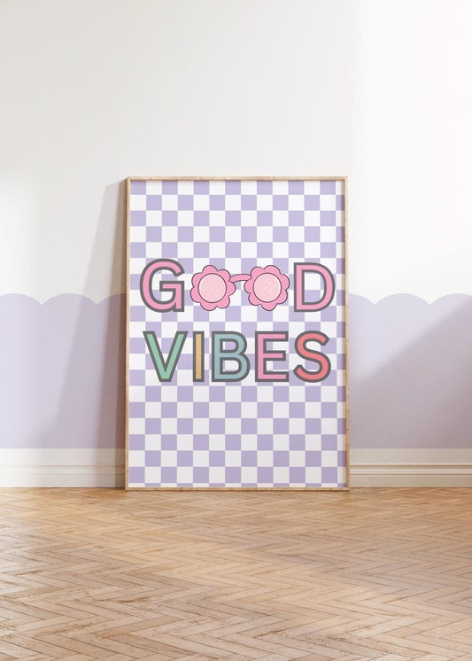 Retro Good Vibes Print: Purple Checkered Nursery Wall Art