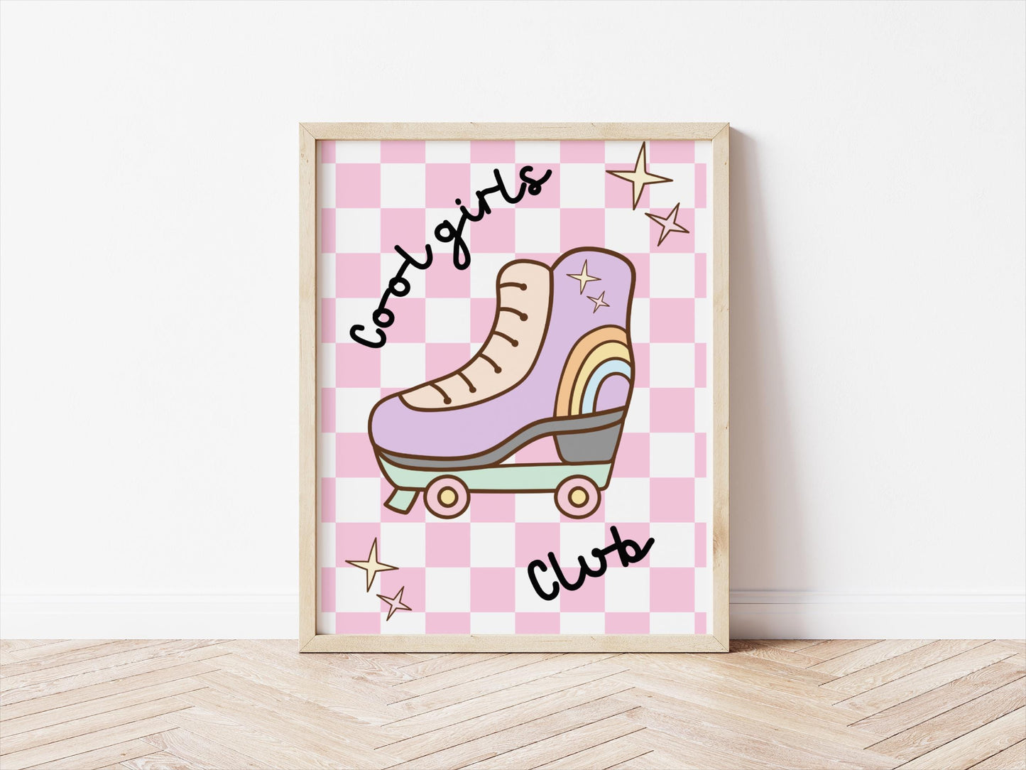 retro cool girls club wall print, pastel roller skate checkered print for childrens bedroom or nursery