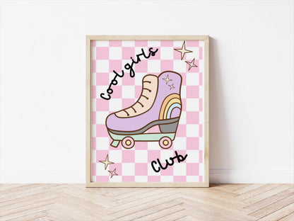 retro cool girls club wall print, pastel roller skate checkered print for childrens bedroom or nursery
