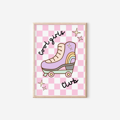 retro cool girls club wall print, pastel roller skate checkered print for childrens bedroom or nursery