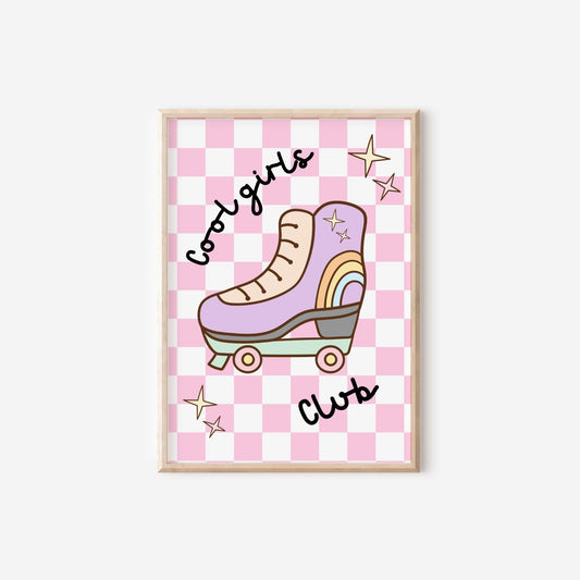 retro cool girls club wall print, pastel roller skate checkered print for childrens bedroom or nursery