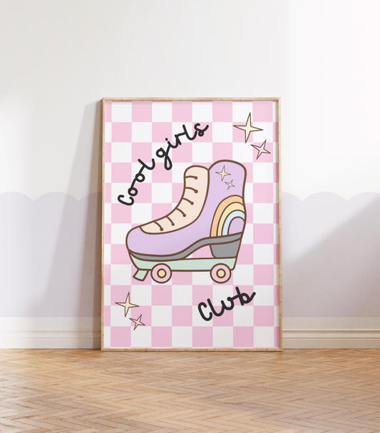 retro cool girls club wall print, pastel roller skate checkered print for childrens bedroom or nursery